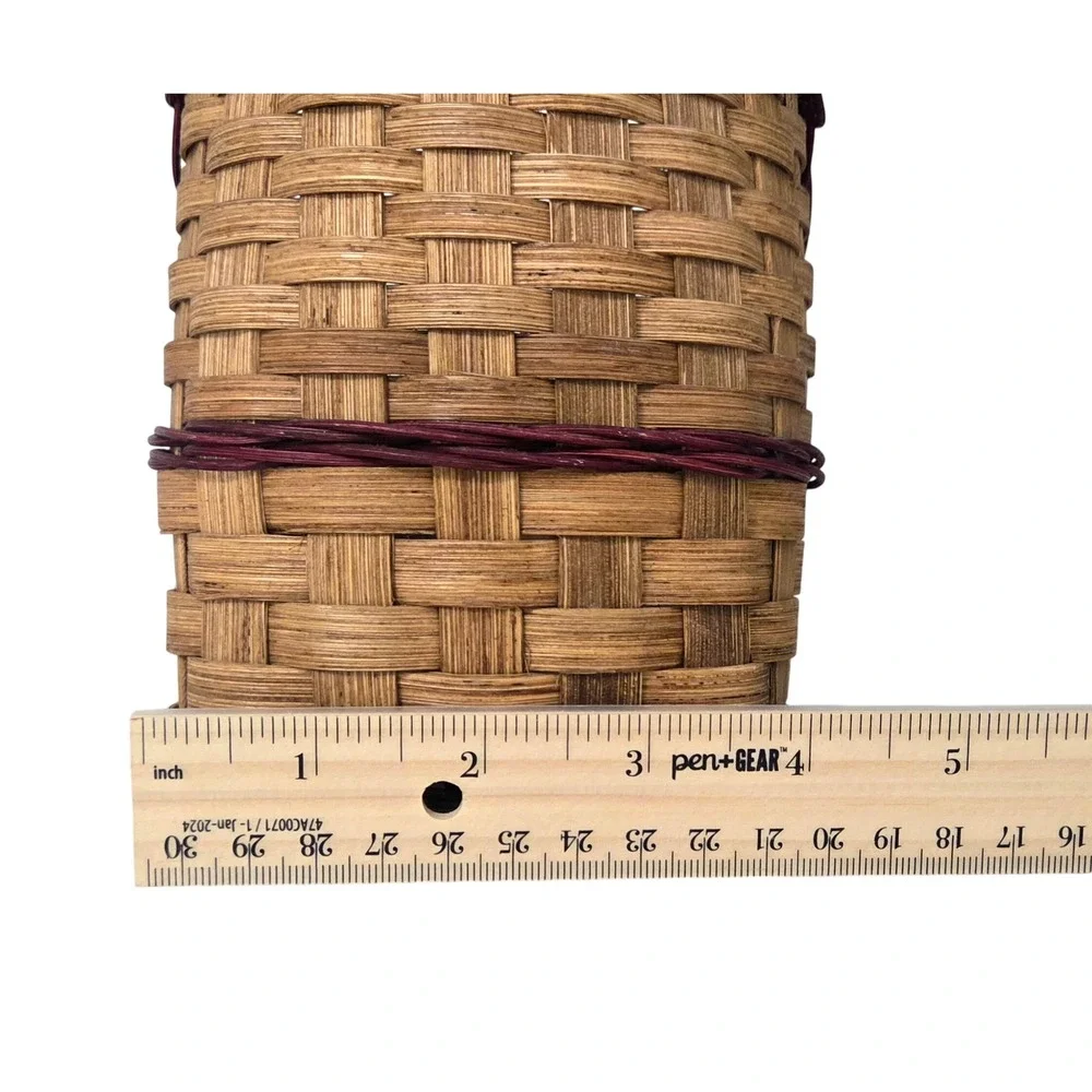 Vintage Signed Artisan Woven Splint Garden Gathering Basket Wood Handle 1996